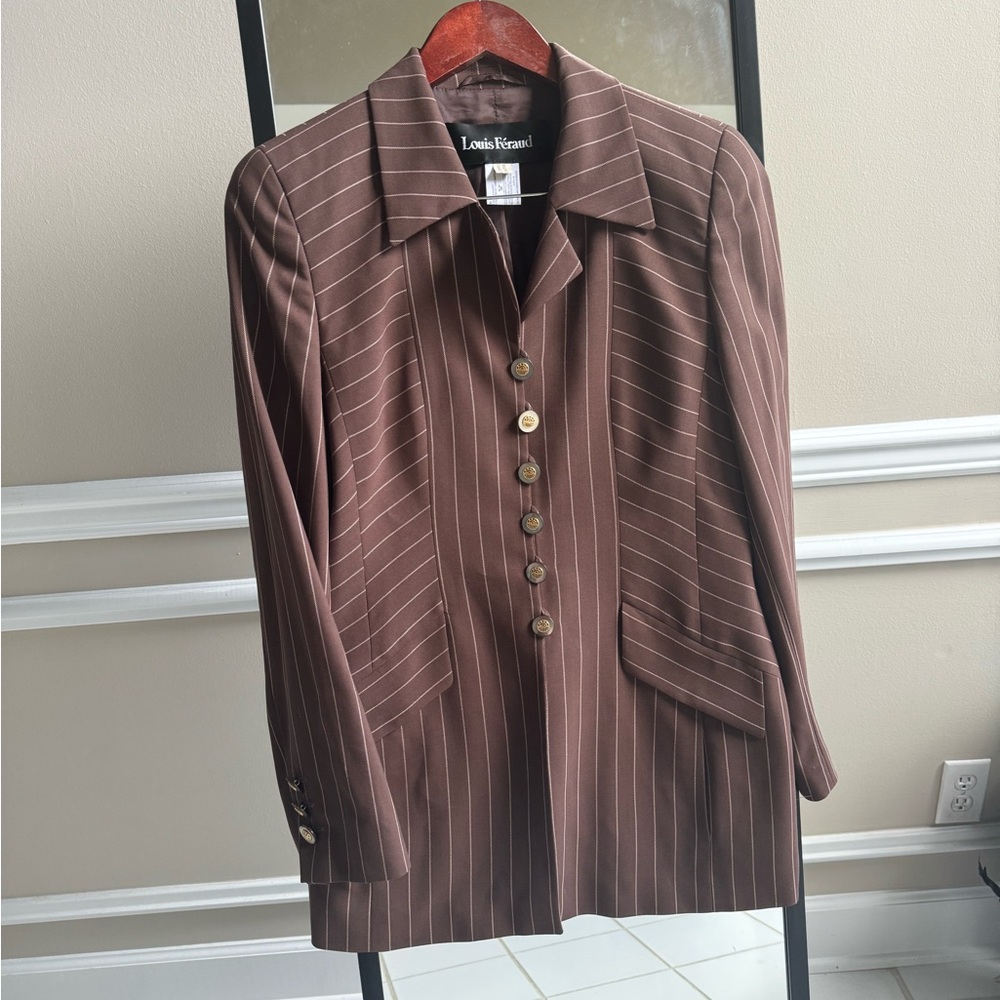 Vintage Louis Feraud 100% Virgin Wool Neutral Chocolate Pinstripe Blazer